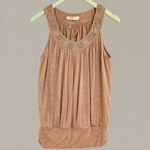 ROMY Slub Knit Brown Tank Top W/ Lace Detail Size XS - NEW!